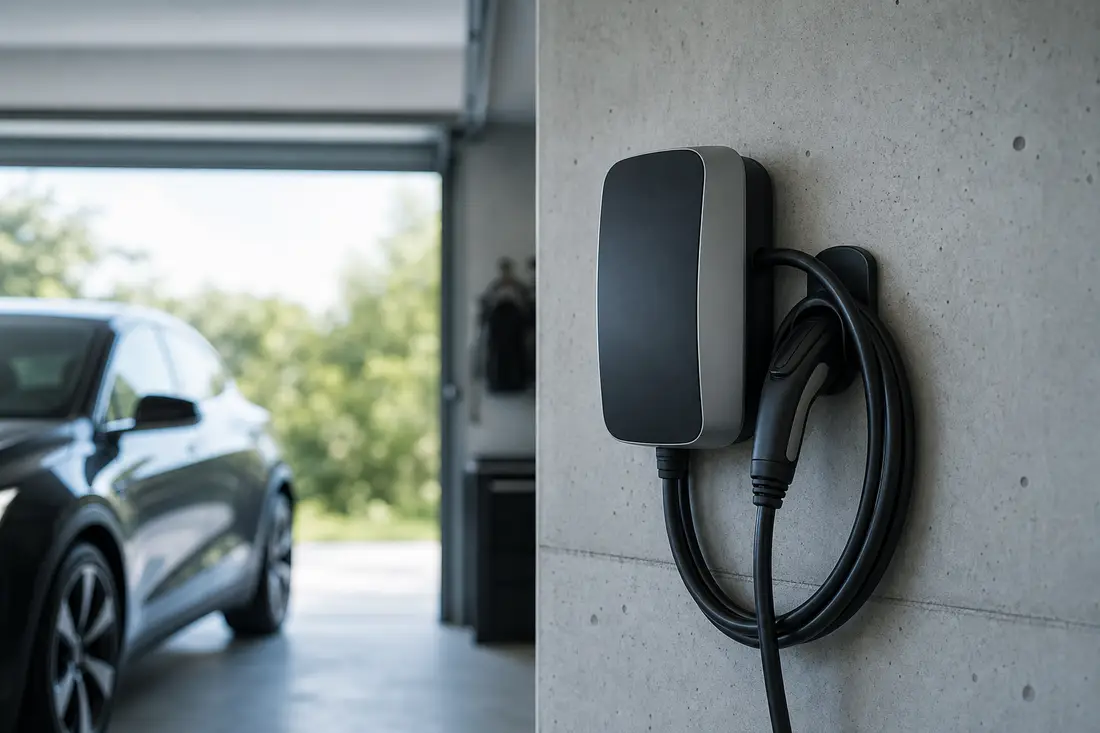 Borne de recharge murale (wallbox) pour véhicule électrique installée dans un garage privé en Suisse romande