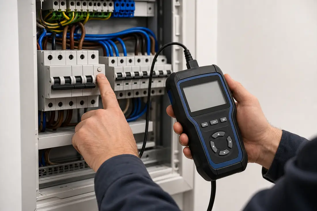Électricien contrôlant un interrupteur différentiel 30 mA sur un tableau électrique moderne avec un appareil de mesure