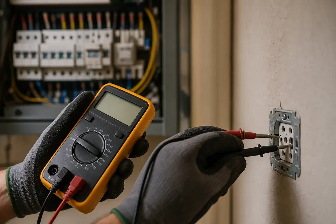 Électricien mesurant la tension d'un circuit avec un multimètre numérique devant un tableau électrique ouvert