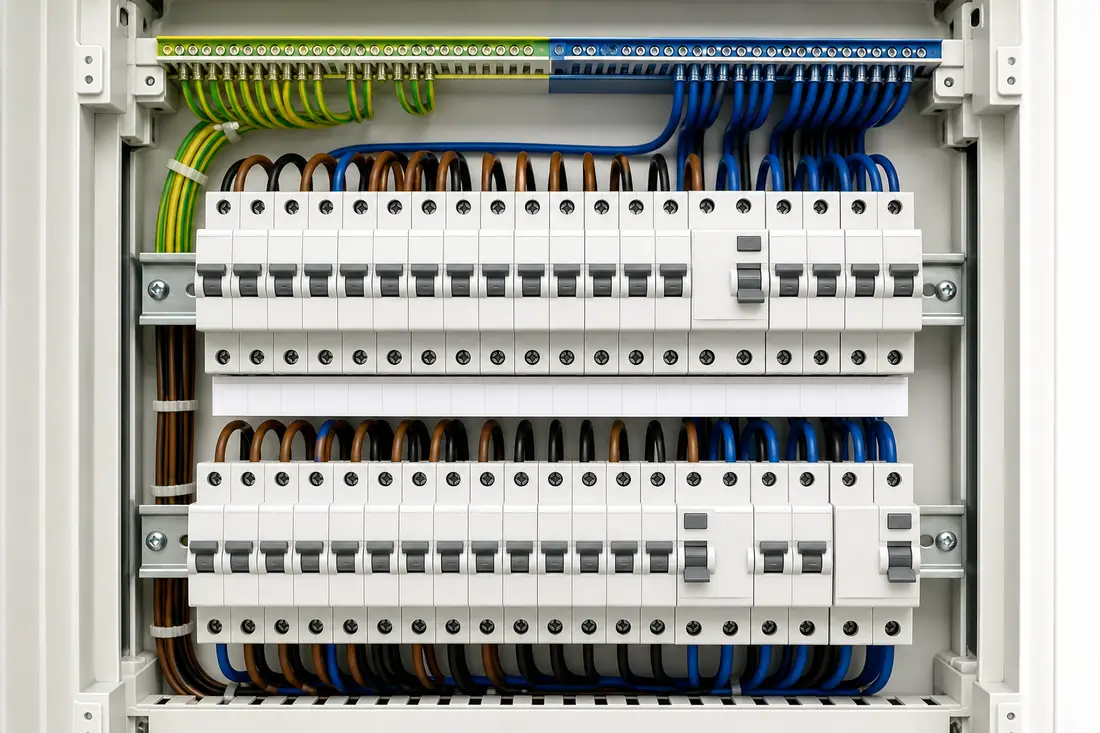 Tableau électrique moderne aux normes NIN 2020 avec disjoncteurs et différentiels alignés, étiquetage des circuits