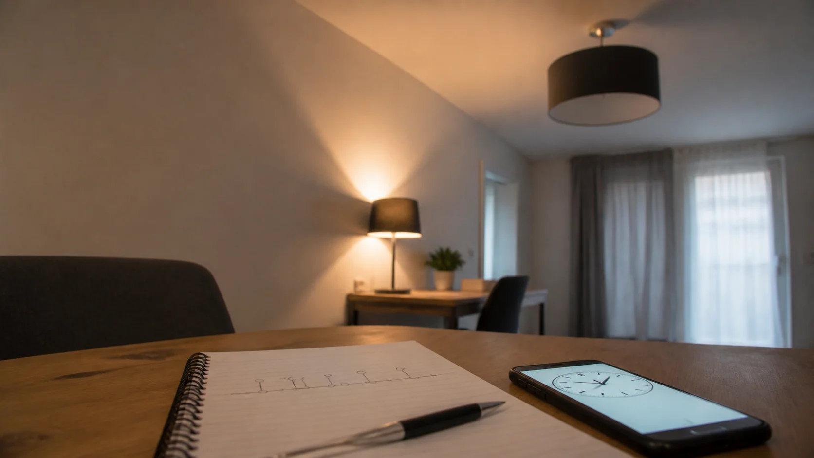 Un carnet de notes et un téléphone affichent une chronologie simple dans un salon, loin des prises et du tableau électrique.
