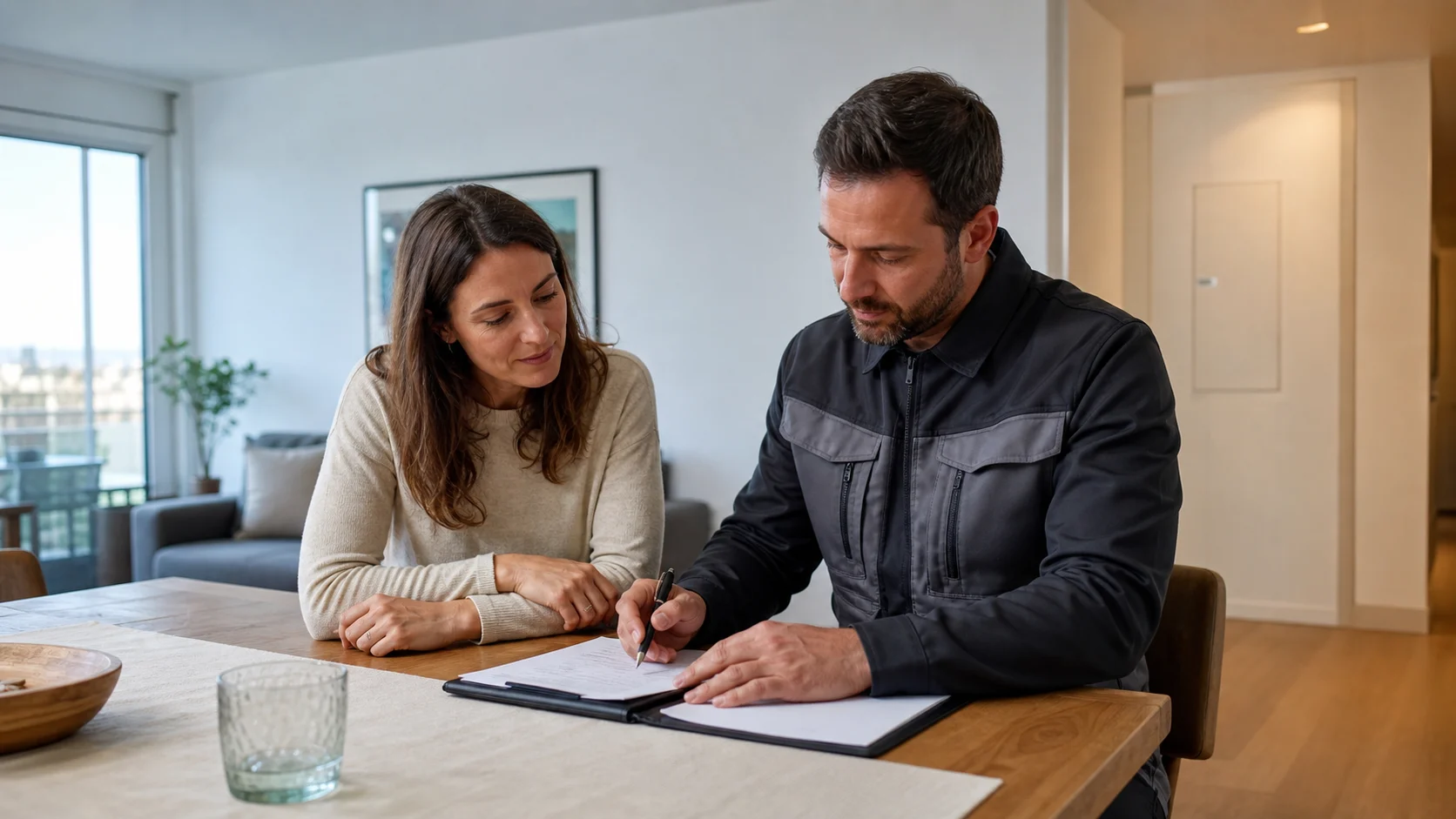 Un électricien prépare son dossier de visite dans un logement, sans aucune manipulation visible par les occupants.