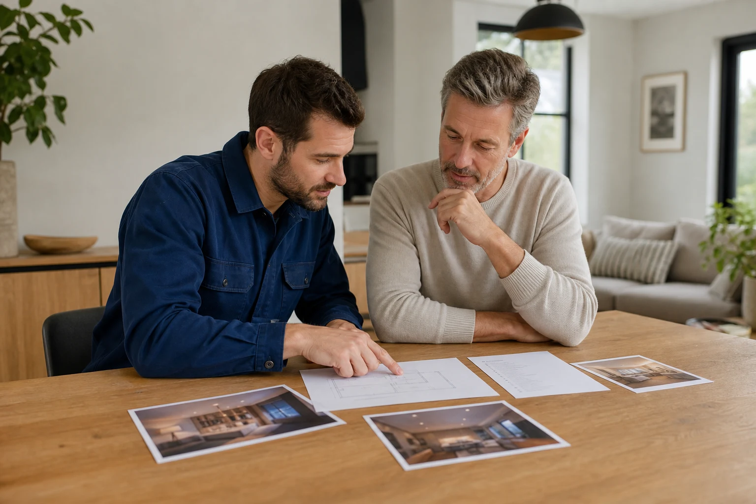 Électricien et propriétaire comparant plan, photos et besoins sur une table