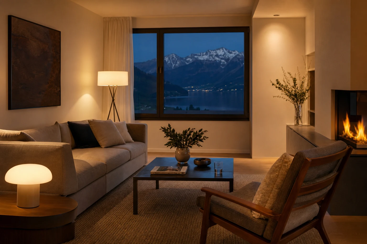 Salon suisse calme avec plusieurs sources lumineuses indirectes