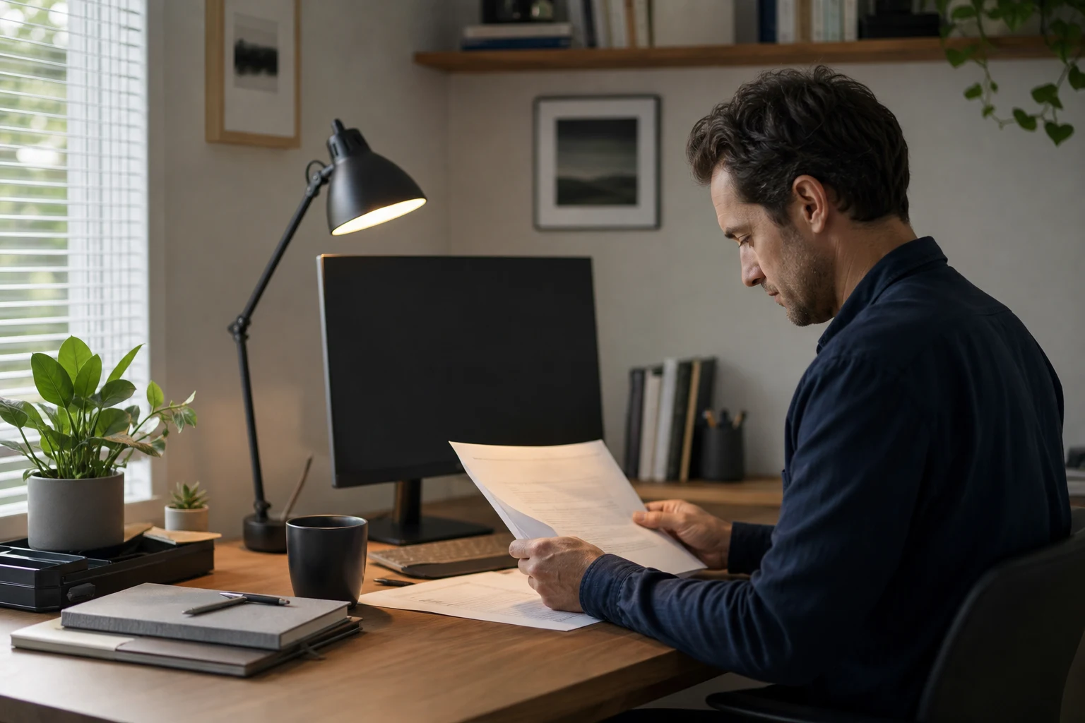 Personne lisant à un bureau sous une lumière de travail confortable