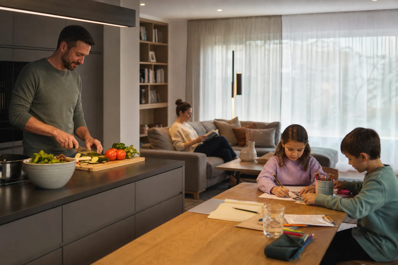 Famille utilisant des zones de lumière différentes dans une cuisine ouverte
