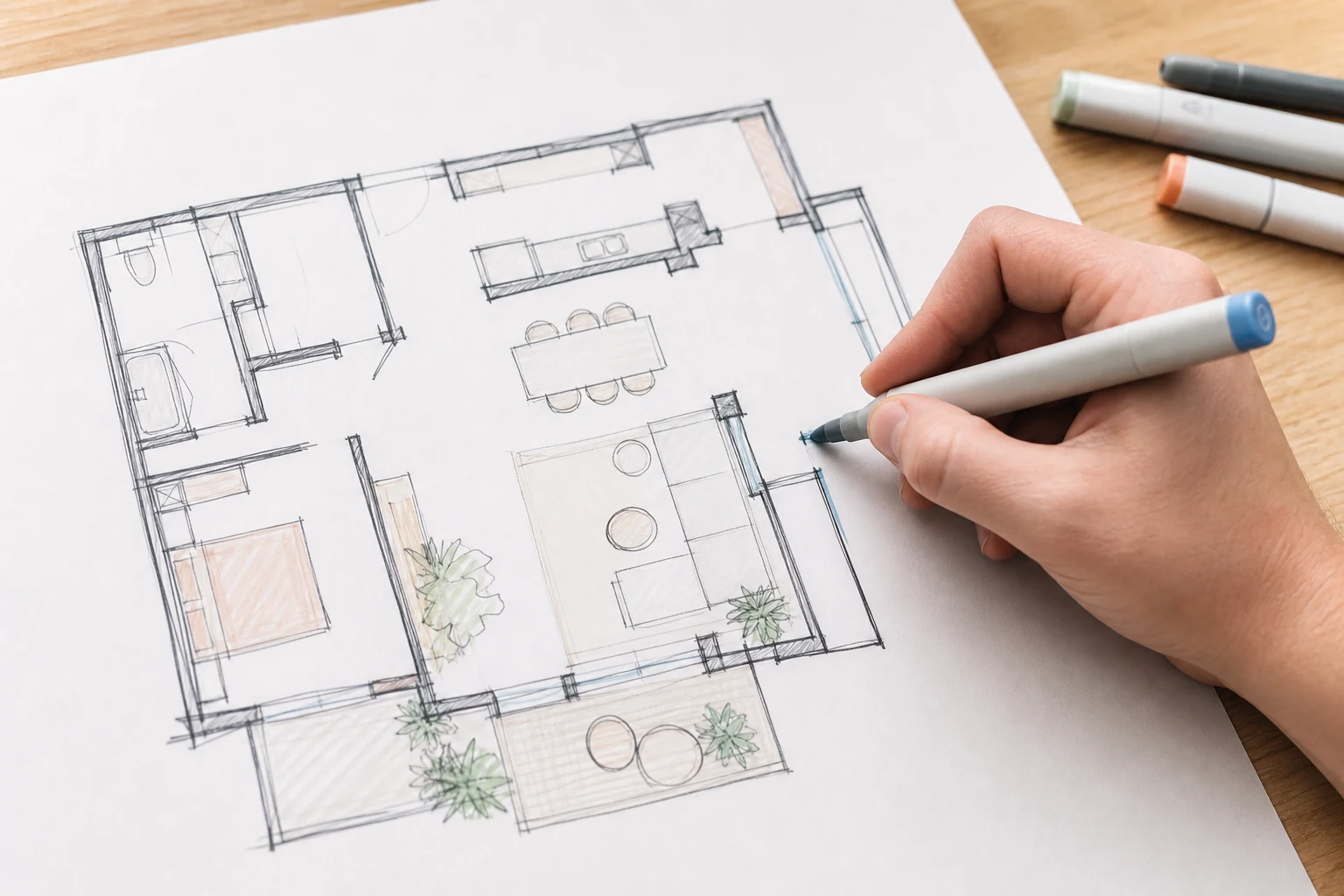 Main dessinant des repères lumineux sur un plan de logement
